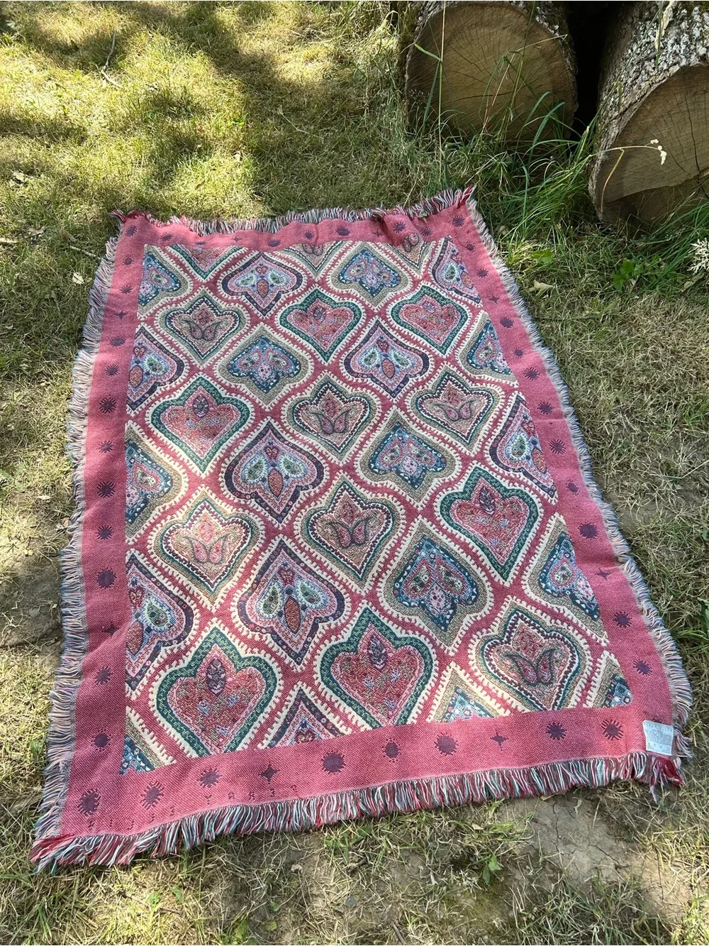 Vintage Patterned Boho Woven Throw Blanket - Teal, Pink, Cream